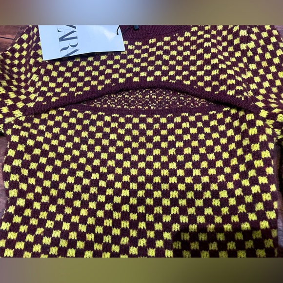 ZARA Cut-Out Jacquard Knit Sweater Checkered Fitted Crewneck Pullover - Picture 2 of 3